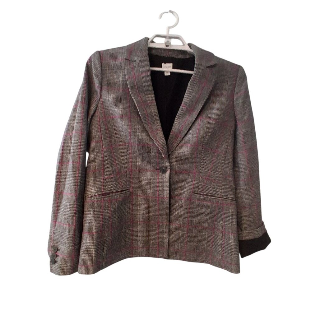 J Crew Factory one button blazer womens 12 Glen plaid wool blend